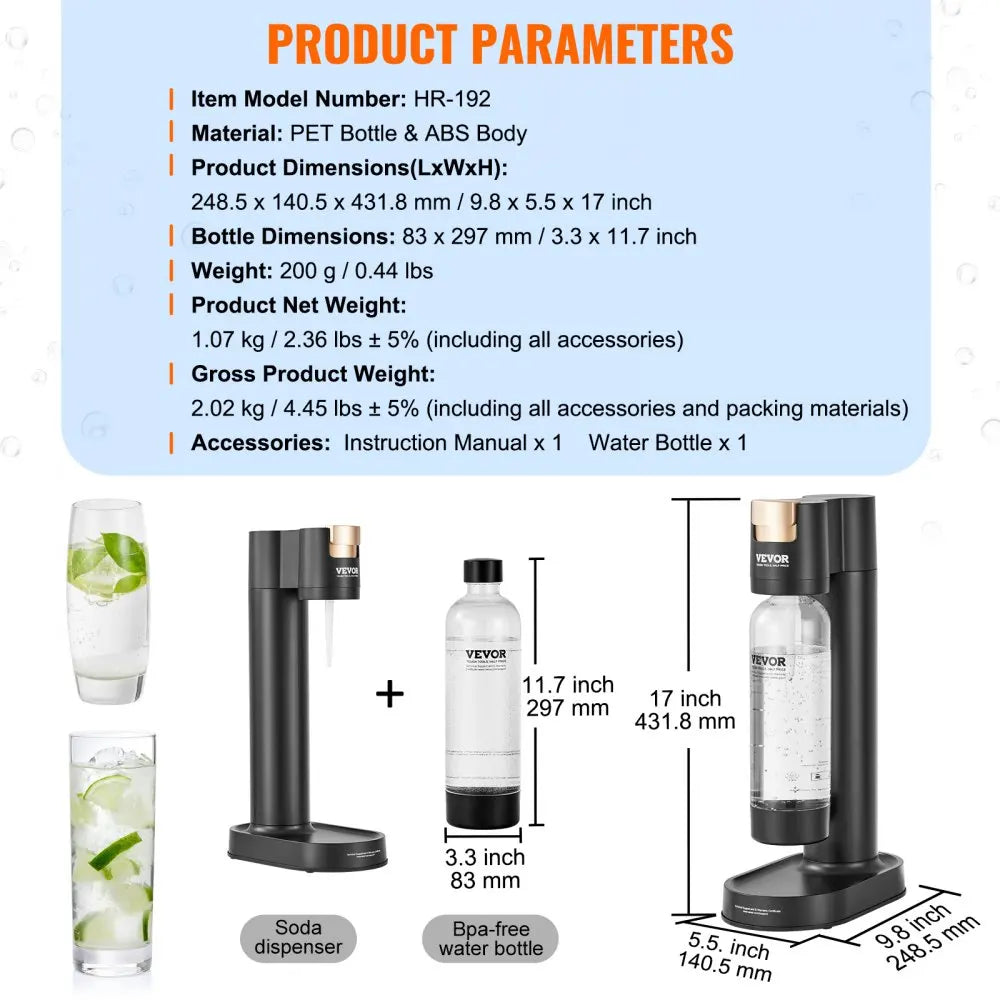 Sparkling Water Maker Soda Maker Machine for Home Carbonating Seltzer Water Starter Kit with BPA free 1L PET Bottle
