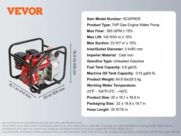 Gasoline Engine Water Pump 7HP 142/265 GPM 22ft Suction 4-Stroke Gas Powered Trash Water Transfer Pump for Irrigation Pool