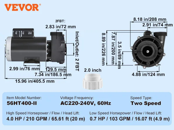 2 Speed SPA Pump 48/56-Frame AC 110-120V SPA Pump 1.5HP/3HP/4HP High Speed 2'' Port 90° Rotational Interface for Hot Tub