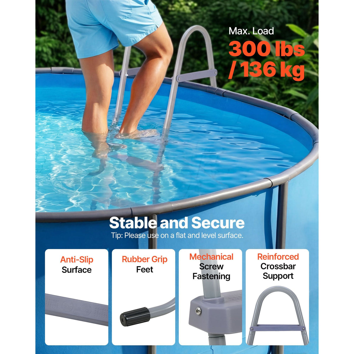 Above Ground Pool Ladder, 2-Step Steel A-Frame Swimming Pool Stairs for 33 in High Wall, 300 lbs Capacity Entry/Exit Steps with Secure Non-Slip Sturdy Wide Step, Easy Setup Outdoor, Gray