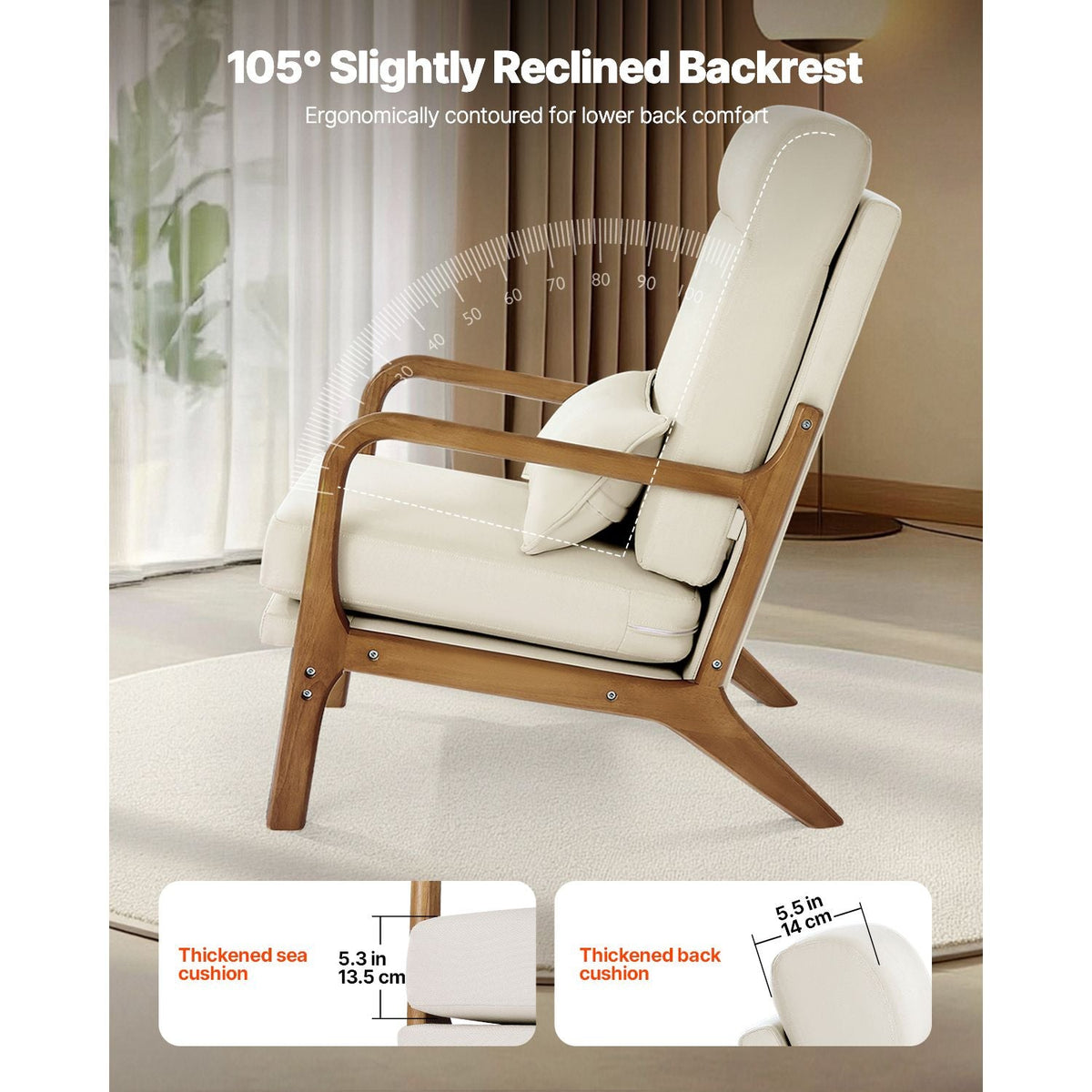 Accent Chair, High Back Mid Century Modern Armchair with Solid Wood Frame and Non-Slip Legs, Upholstered Leisure Chair with Linen Fabric and 5.3 in Thickened Cushion, for Living Room, Bedroom