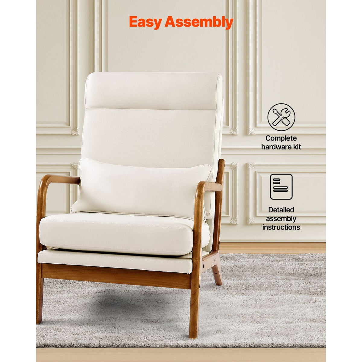 Accent Chair, High Back Mid Century Modern Armchair with Solid Wood Frame and Non-Slip Legs, Upholstered Leisure Chair with Linen Fabric and 5.3 in Thickened Cushion, for Living Room, Bedroom