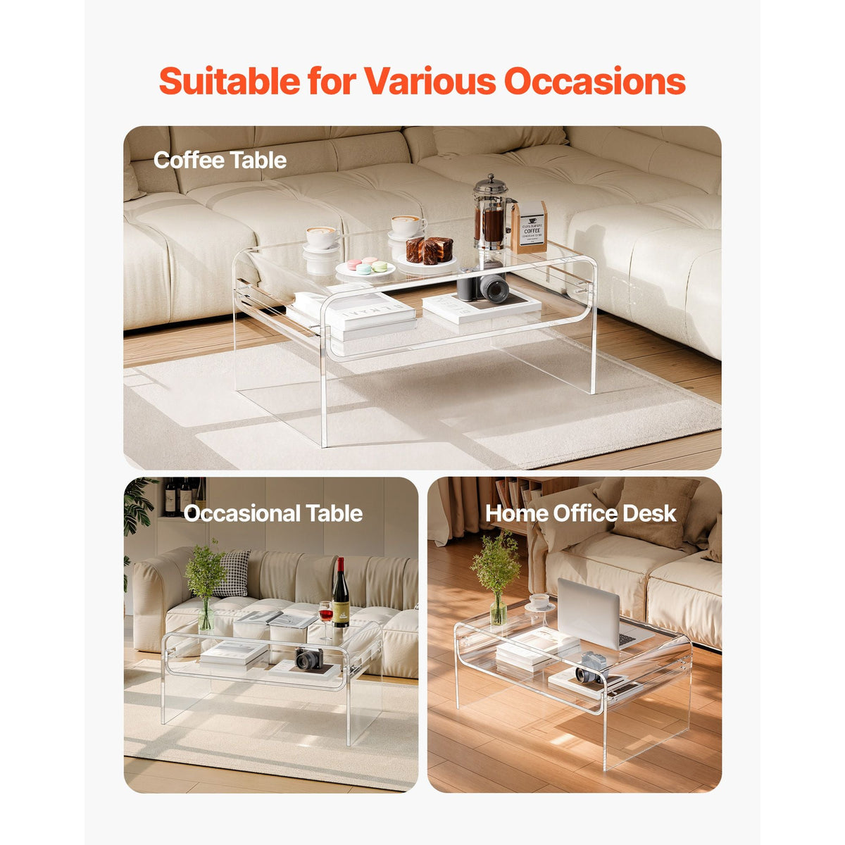 Acrylic Coffee Table, 2 Tiers Center Table with Storage Shelf, Modern Rectangle Acrylic Coffee Desk, Ideal for Dining Room, Kitchen Island, Restaurant, Office, 19.7 x 31.5 x 15 in (Clear)