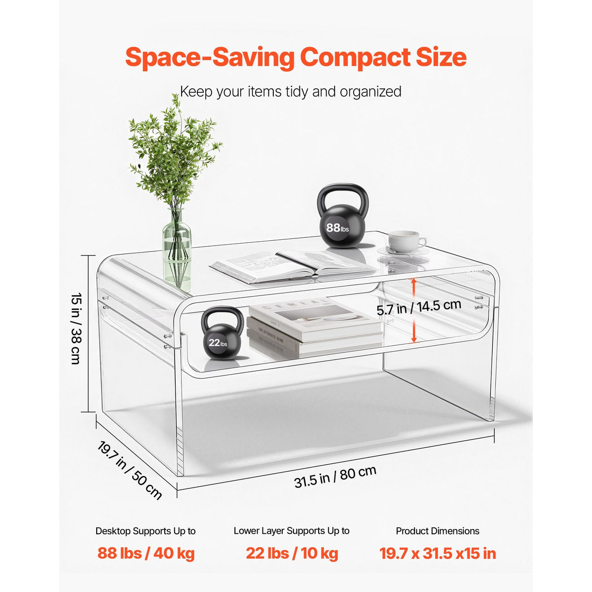Acrylic Coffee Table, 2 Tiers Center Table with Storage Shelf, Modern Rectangle Acrylic Coffee Desk, Ideal for Dining Room, Kitchen Island, Restaurant, Office, 19.7 x 31.5 x 15 in (Clear)