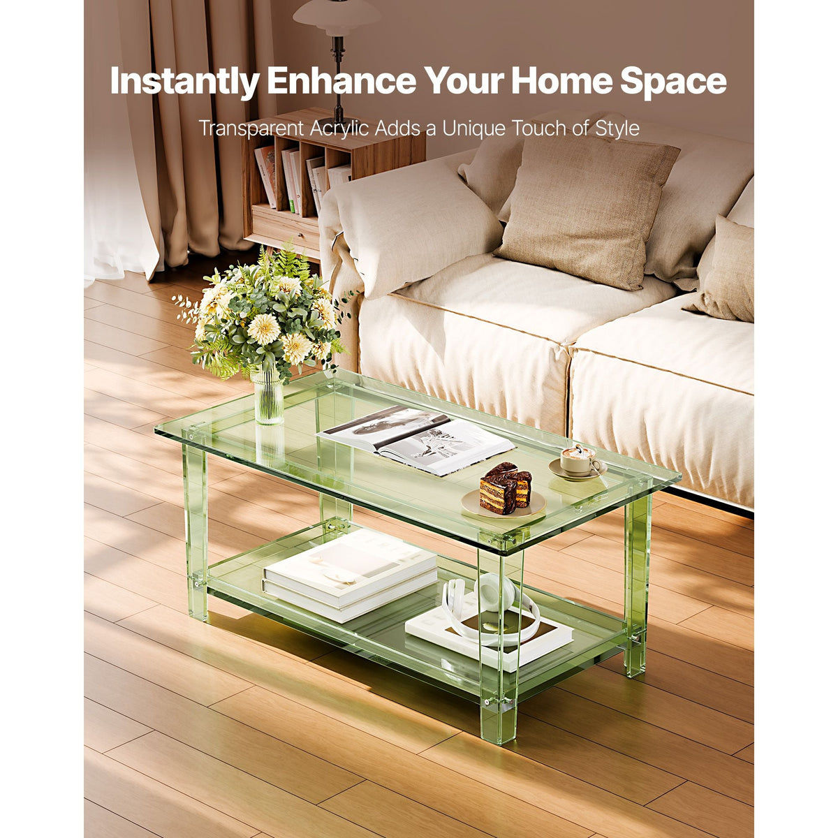 Acrylic Coffee Table, 2 Tiers Center Table with Storage Shelf, Modern Rectangle Acrylic Coffee Desk, Ideal for Dining Room, Kitchen Island, Restaurant, Office, 19.7 x 31.5 x 15.7 in (Green)