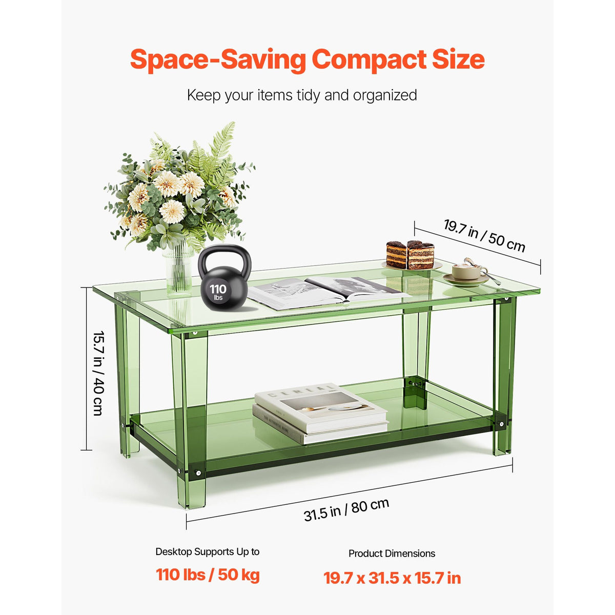 Acrylic Coffee Table, 2 Tiers Center Table with Storage Shelf, Modern Rectangle Acrylic Coffee Desk, Ideal for Dining Room, Kitchen Island, Restaurant, Office, 19.7 x 31.5 x 15.7 in (Green)