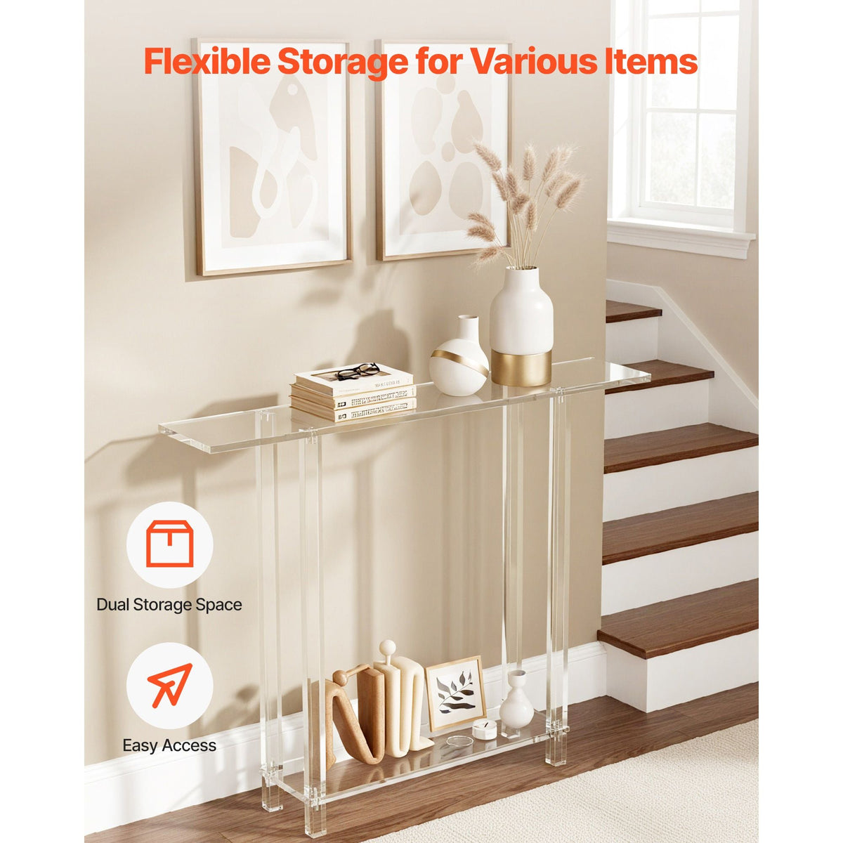 Acrylic Console Table, 2 Tiers Narrow Side Desk with Bottom Open Storage, Modern Rectangle Acrylic End Table, Transparent Entry Desk for Foyer, Hallway, Living Room, 7.6 x 39.4 x 31.5 in (Clear)