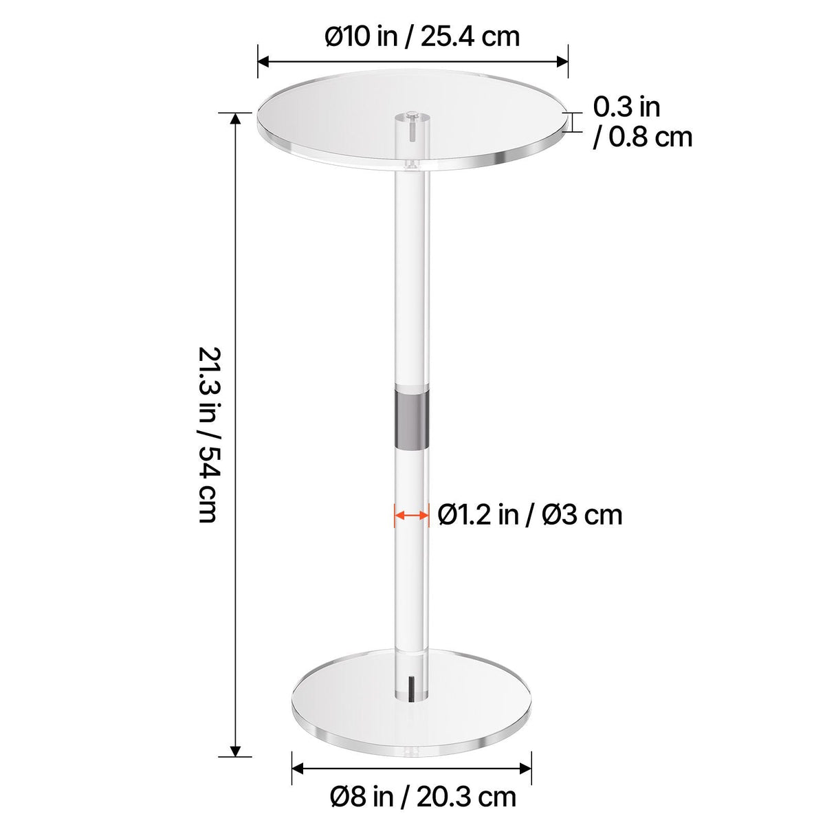 Acrylic Drink Table, Clear End Table Round Top with Solid Post, Modern Acrylic Cake Table Stand, Transparent Side Desk for Coffee, Drink, Food, Snack, Easy Assembly, 10 x 10 x 21.3 in (Clear)