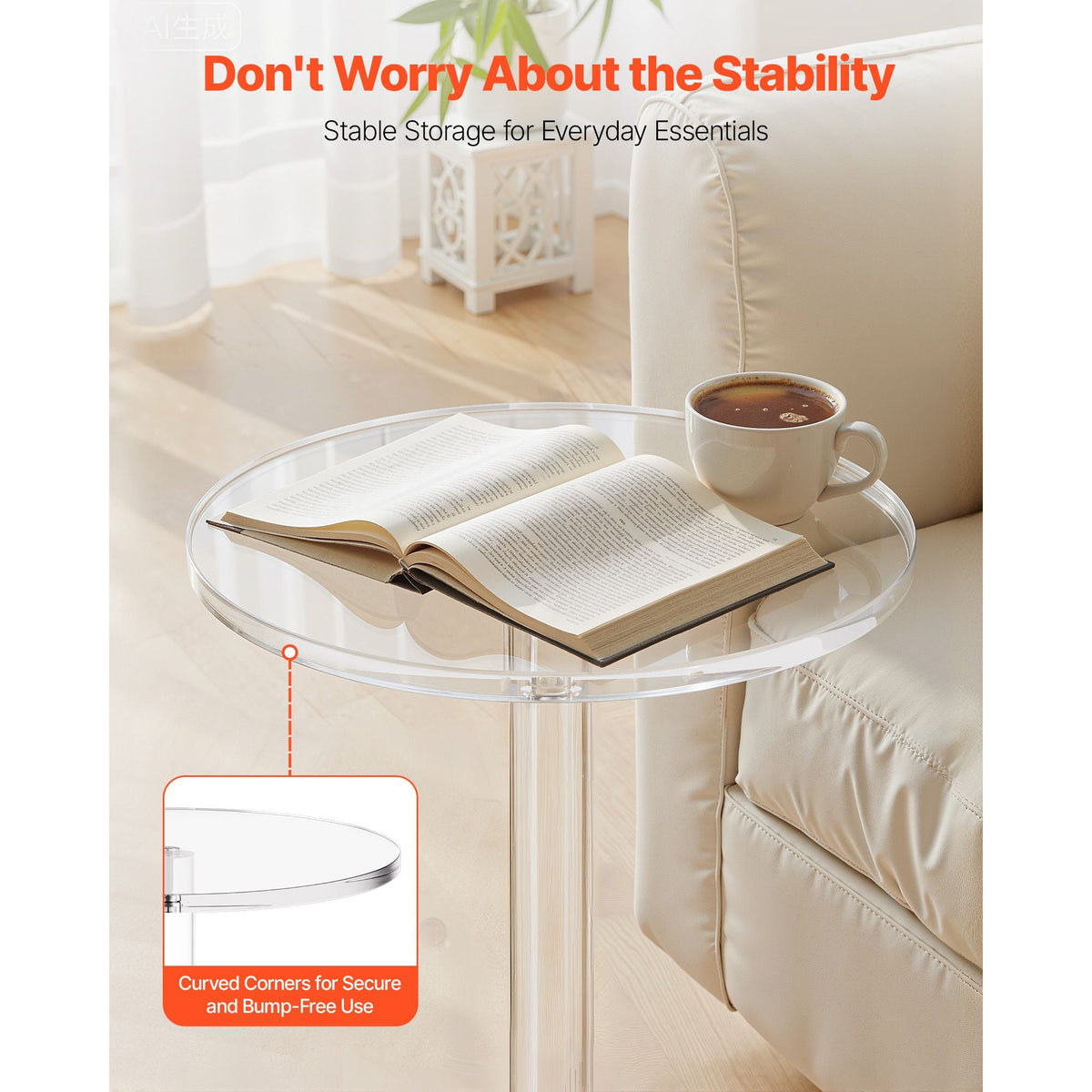 Acrylic Drink Table, Clear End Table Round Top with Solid Post, Modern Acrylic Cake Table Stand, Transparent Side Desk for Coffee, Drink, Food, Snack, Easy Assembly, 10 x 10 x 21.3 in (Clear)