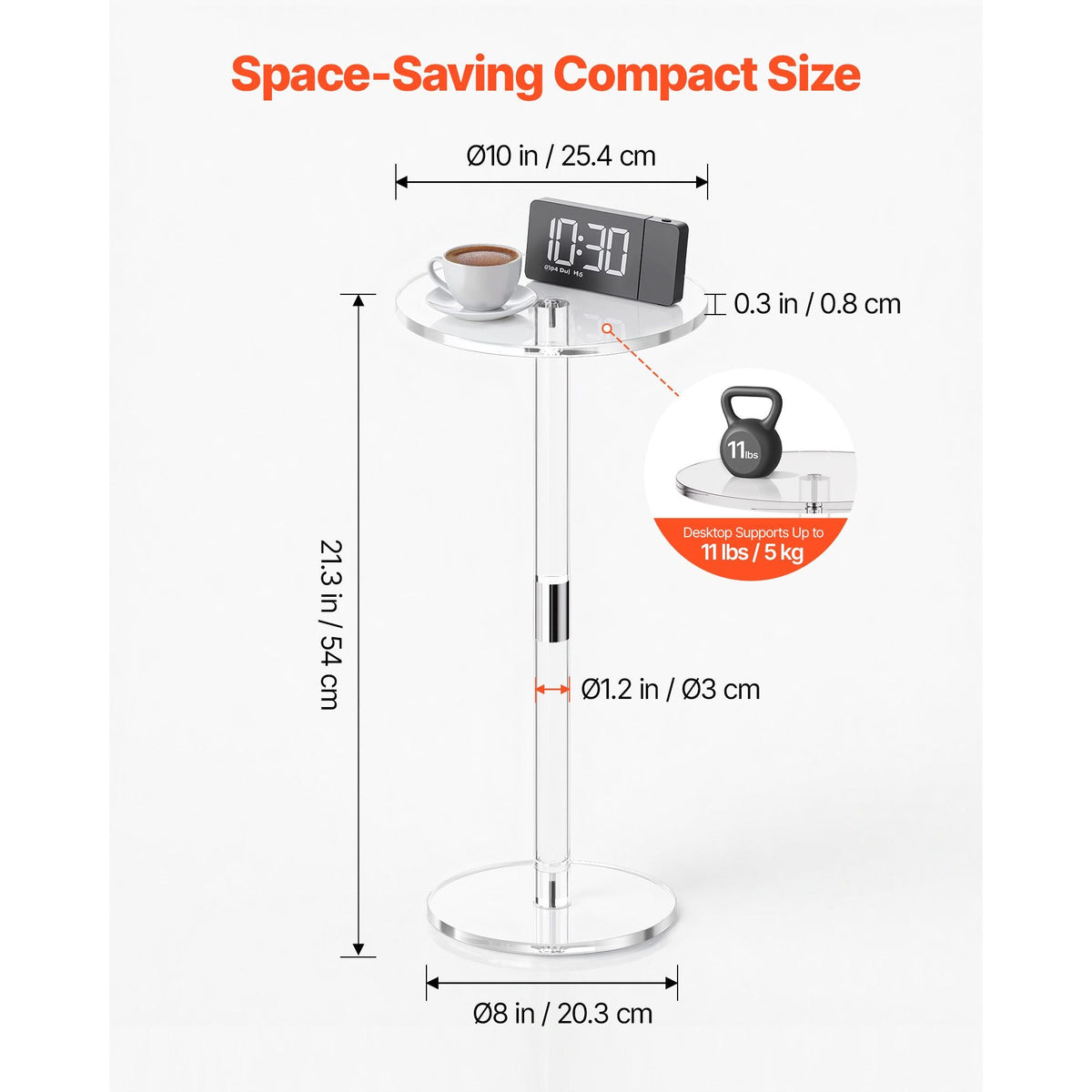 Acrylic Drink Table, Clear End Table Round Top with Solid Post, Modern Acrylic Cake Table Stand, Transparent Side Desk for Coffee, Drink, Food, Snack, Easy Assembly, 10 x 10 x 21.3 in (Clear)
