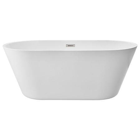 Acrylic Freestanding Bathtub, 59 Inch Contemporary Soaking White Tub with Brushed Nickel Overflow and Drain, Elegant Oval Shape Stand Alone Soaker Tub for Modern Bathroom or Remodel Projects