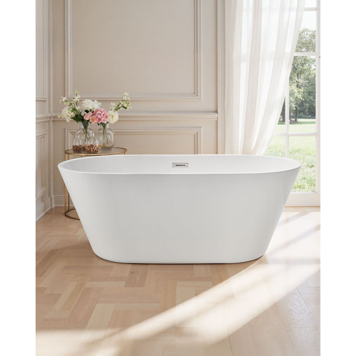 Acrylic Freestanding Bathtub, 59 Inch Contemporary Soaking White Tub with Brushed Nickel Overflow and Drain, Elegant Oval Shape Stand Alone Soaker Tub for Modern Bathroom or Remodel Projects
