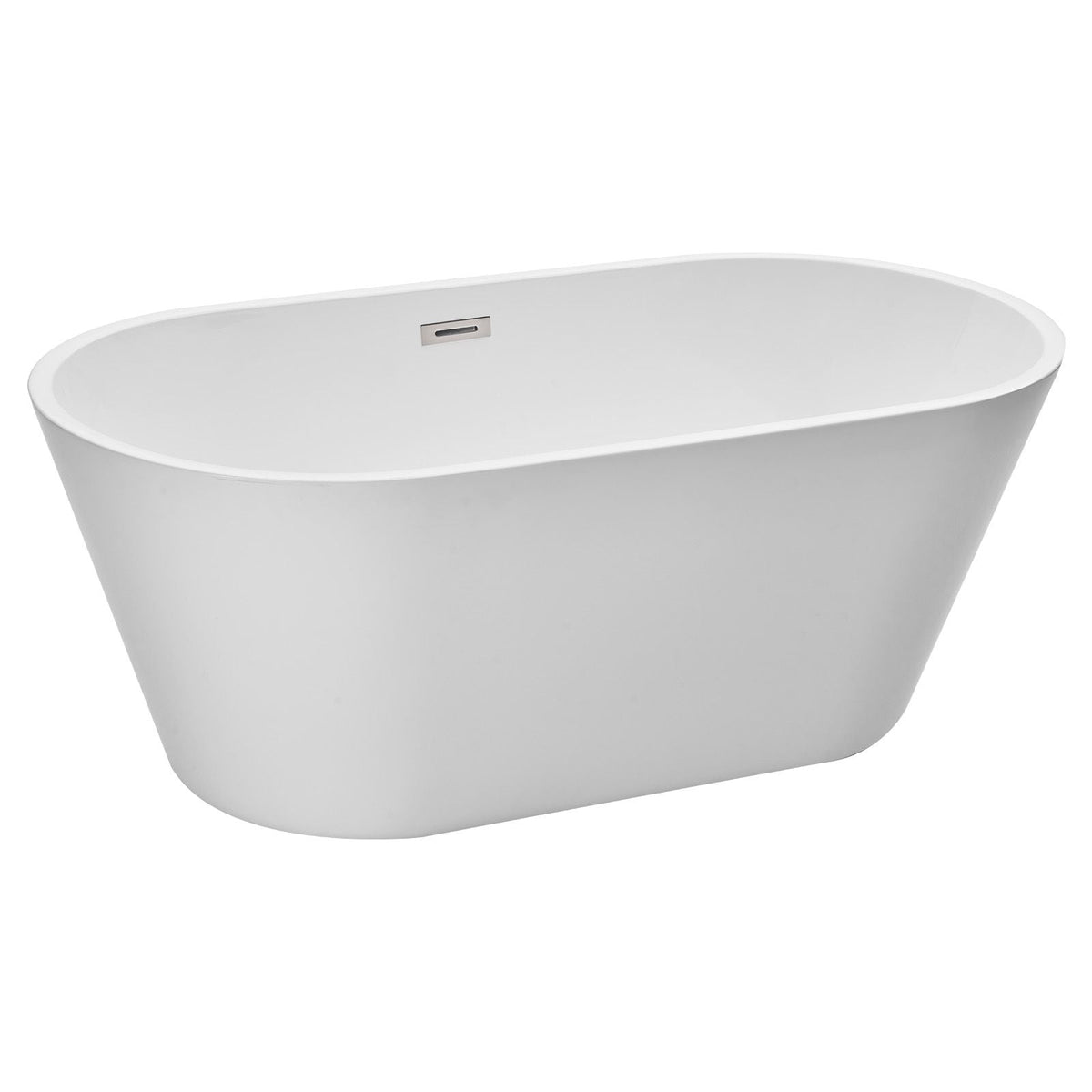 Acrylic Freestanding Bathtub, 59 Inch Contemporary Soaking White Tub with Brushed Nickel Overflow and Drain, Elegant Oval Shape Stand Alone Soaker Tub for Modern Bathroom or Remodel Projects