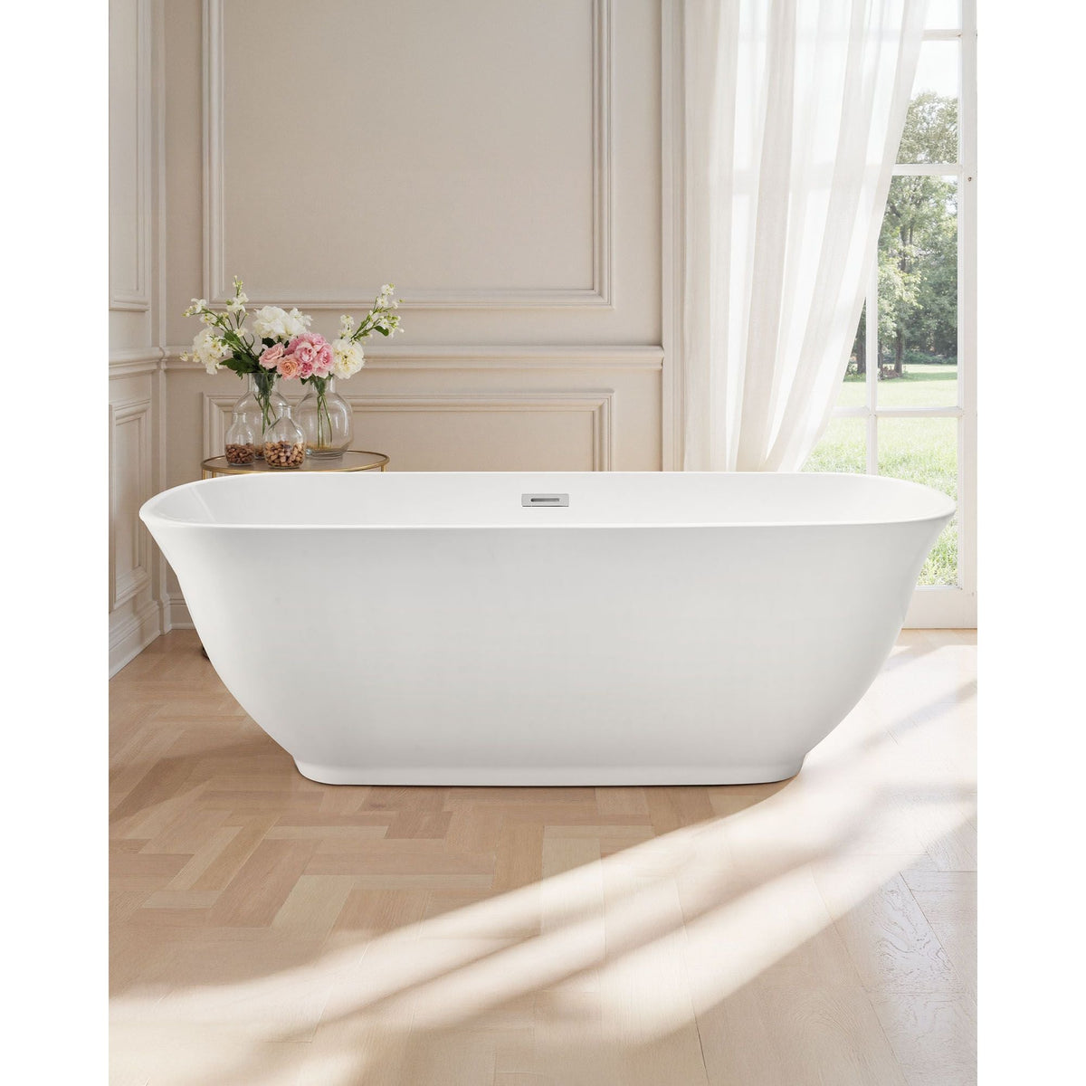 Acrylic Freestanding Bathtub, 67 Inch Contemporary Soaking White Tub with Polished Chrome Overflow and Drain, Elegant Oval Shape Stand Alone Soaker Tub for Modern Bathroom or Remodel Projects