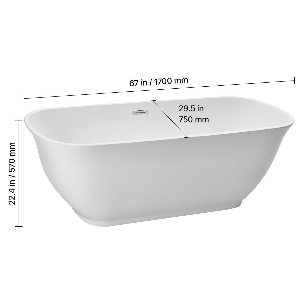 Acrylic Freestanding Bathtub, 67 Inch Contemporary Soaking White Tub with Polished Chrome Overflow and Drain, Elegant Oval Shape Stand Alone Soaker Tub for Modern Bathroom or Remodel Projects