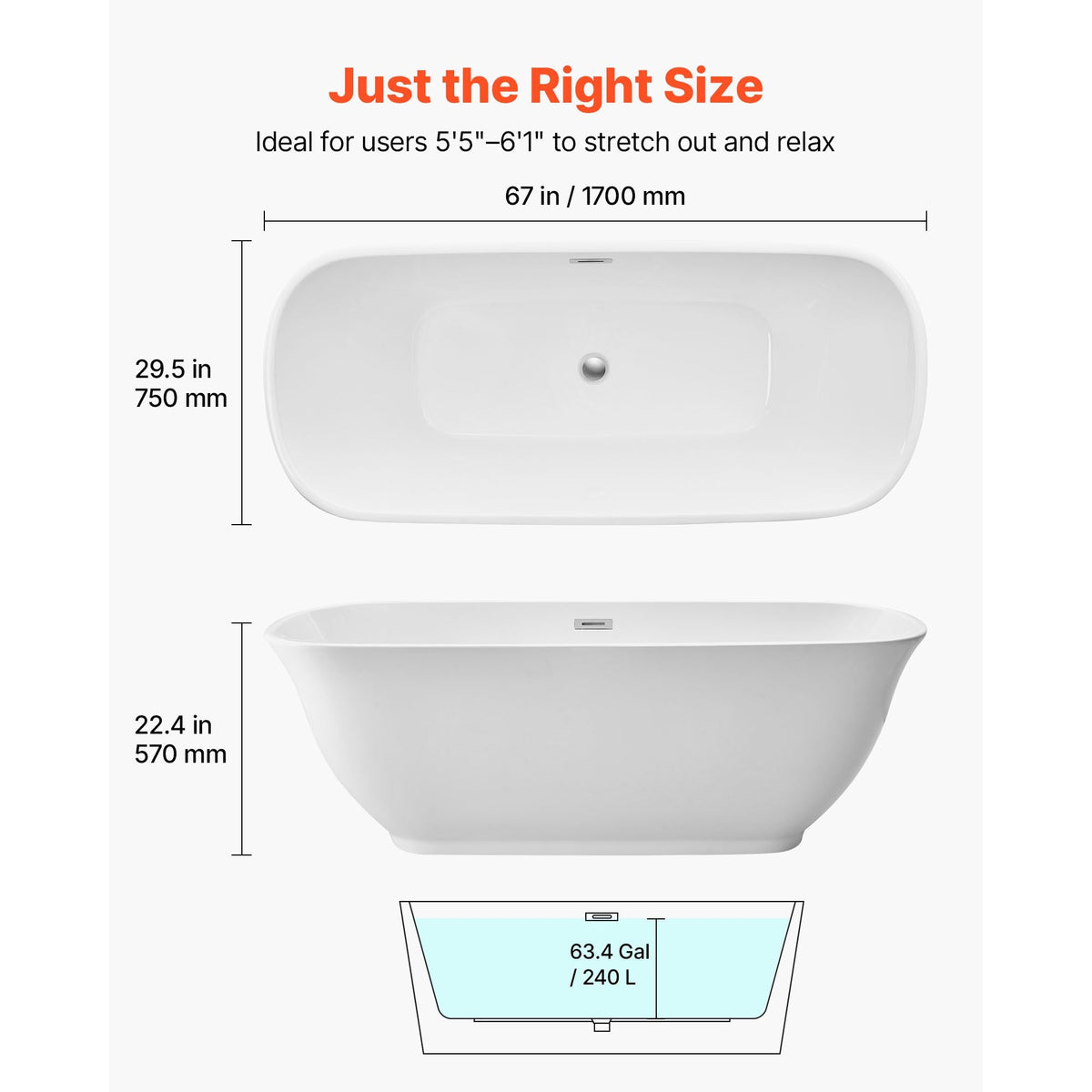 Acrylic Freestanding Bathtub, 67 Inch Contemporary Soaking White Tub with Polished Chrome Overflow and Drain, Elegant Oval Shape Stand Alone Soaker Tub for Modern Bathroom or Remodel Projects