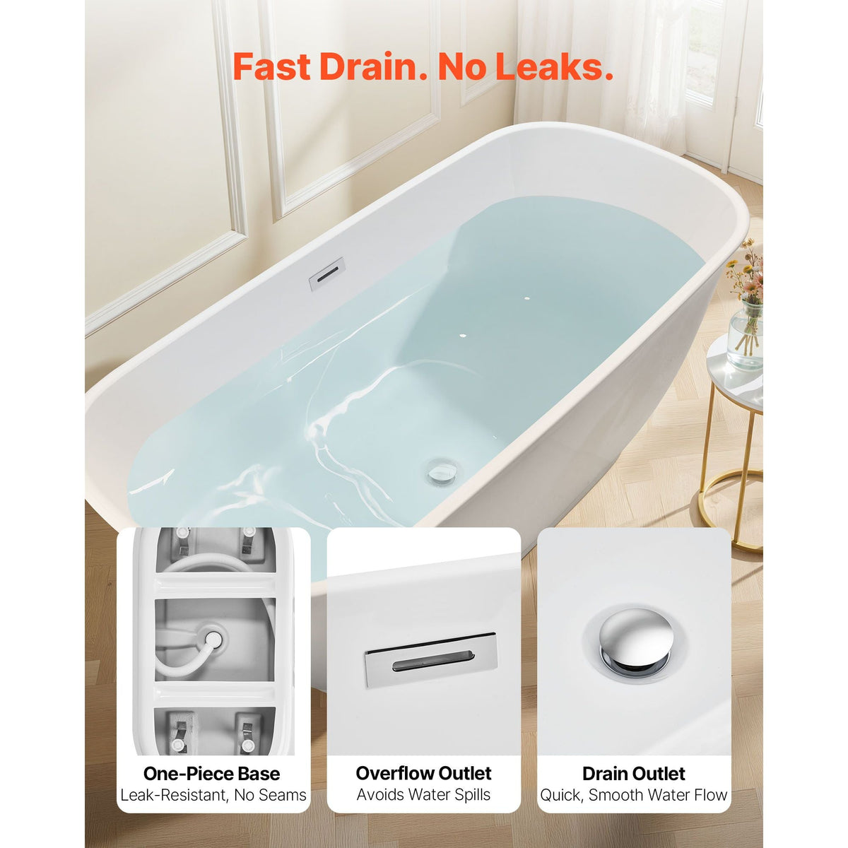 Acrylic Freestanding Bathtub, 67 Inch Contemporary Soaking White Tub with Polished Chrome Overflow and Drain, Elegant Oval Shape Stand Alone Soaker Tub for Modern Bathroom or Remodel Projects
