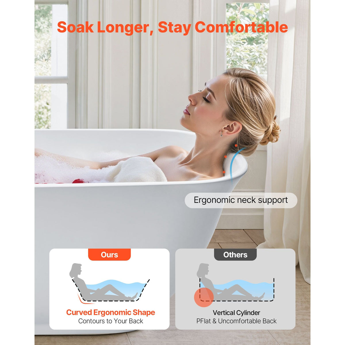 Acrylic Freestanding Bathtub, 67 Inch Contemporary Soaking White Tub with Polished Chrome Overflow and Drain, Elegant Oval Shape Stand Alone Soaker Tub for Modern Bathroom or Remodel Projects