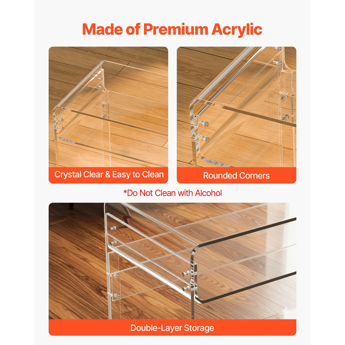 Acrylic Table, 2 Tiers Clear End Table with Storage Shelf, Modern Rectangle Acrylic Side Desk, Transparent Thick Desk Nightstand for Bedroom, Office, Living Room, 15.7 x 33.5 x 29.5 in (Clear)