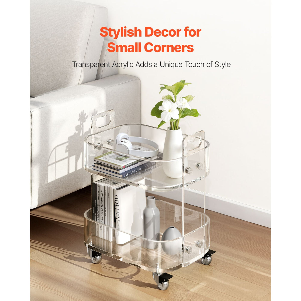 Acrylic Table with Wheels, 2 Tiers Mobile Cart Table, Modern Rolling Acrylic Storage Desk, Clear Nightstand Side End Desk, for Living Room, Bedroom, Bar, Office, 12 x 16.3 x 18.9 in (Clear)