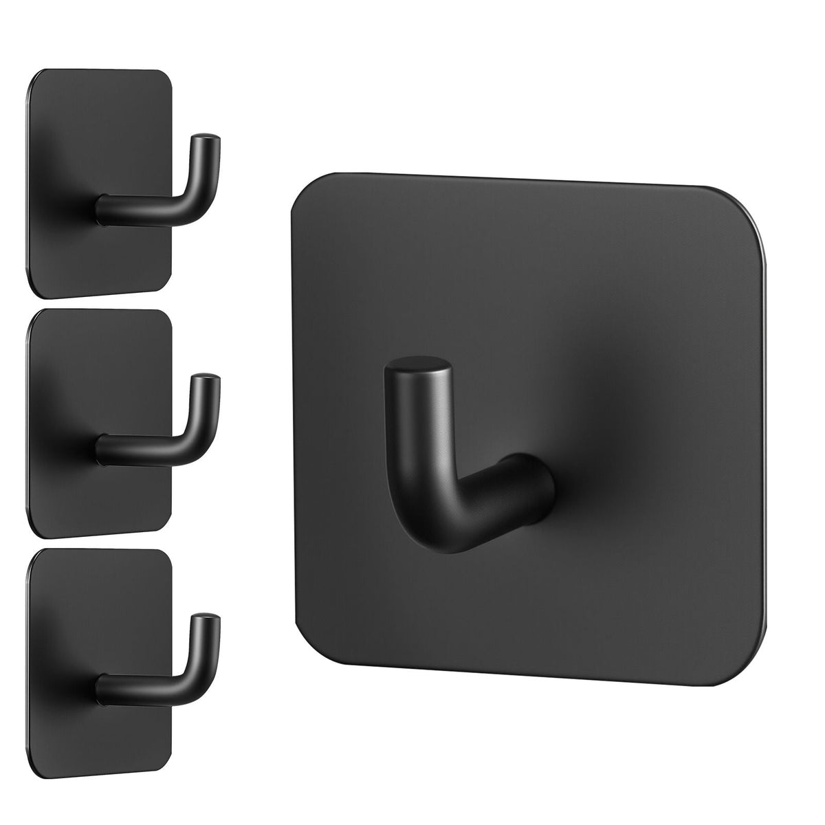 Adhesive Hooks, 4 Pack Self-Adhesive Towel Coat Hooks, Heavy-Duty Wall Hook Hold 15 lbs (Max), Stainless Steel Sticky Hanger, for Bathroom, Kitchen, Hanging Towel, Coat & Keys (Matte Black)