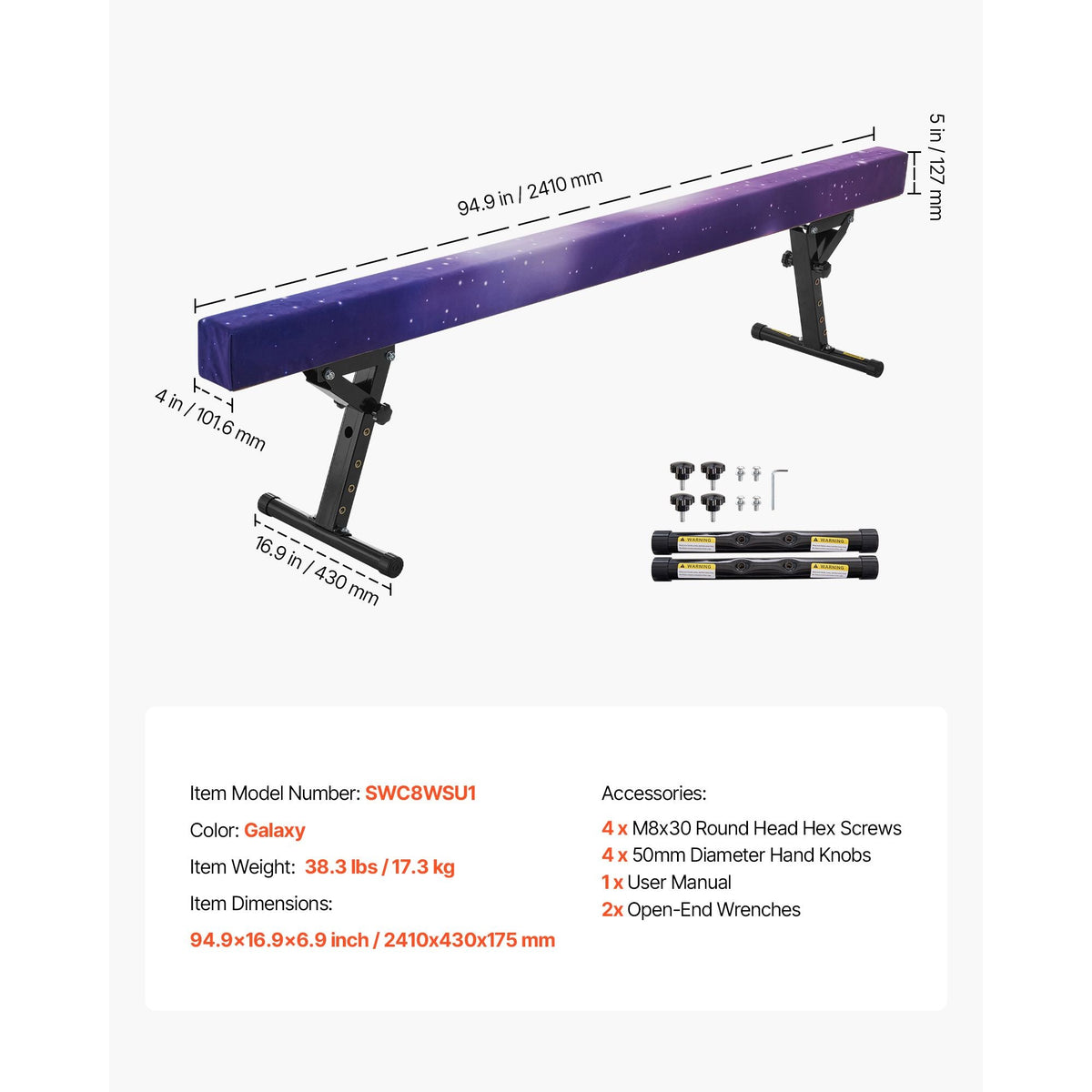 Adjustable Balane Beam for Kids, 8FT Gymnastics Beam, High and Low Floor Beams of 5 Adjustable Heights for All Gymnastic Levels, Professional Gymnastic Equipment for Home and Gym Center, Galaxy