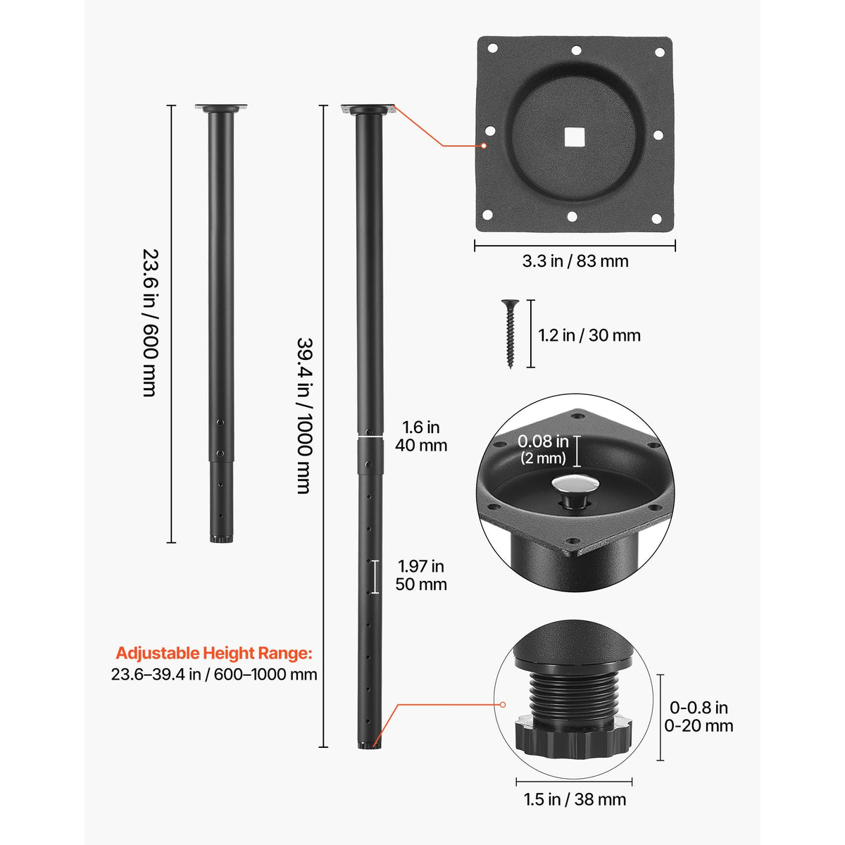 Adjustable Table Legs, 24-40 in Round Steel Furniture Legs, 1200 lbs Max Load Heavy Duty, Quick Installation, Ideal for Home Office Desk DIY, Coffee Dinner Bar Tables, Workbenches, 4 PCS, Black