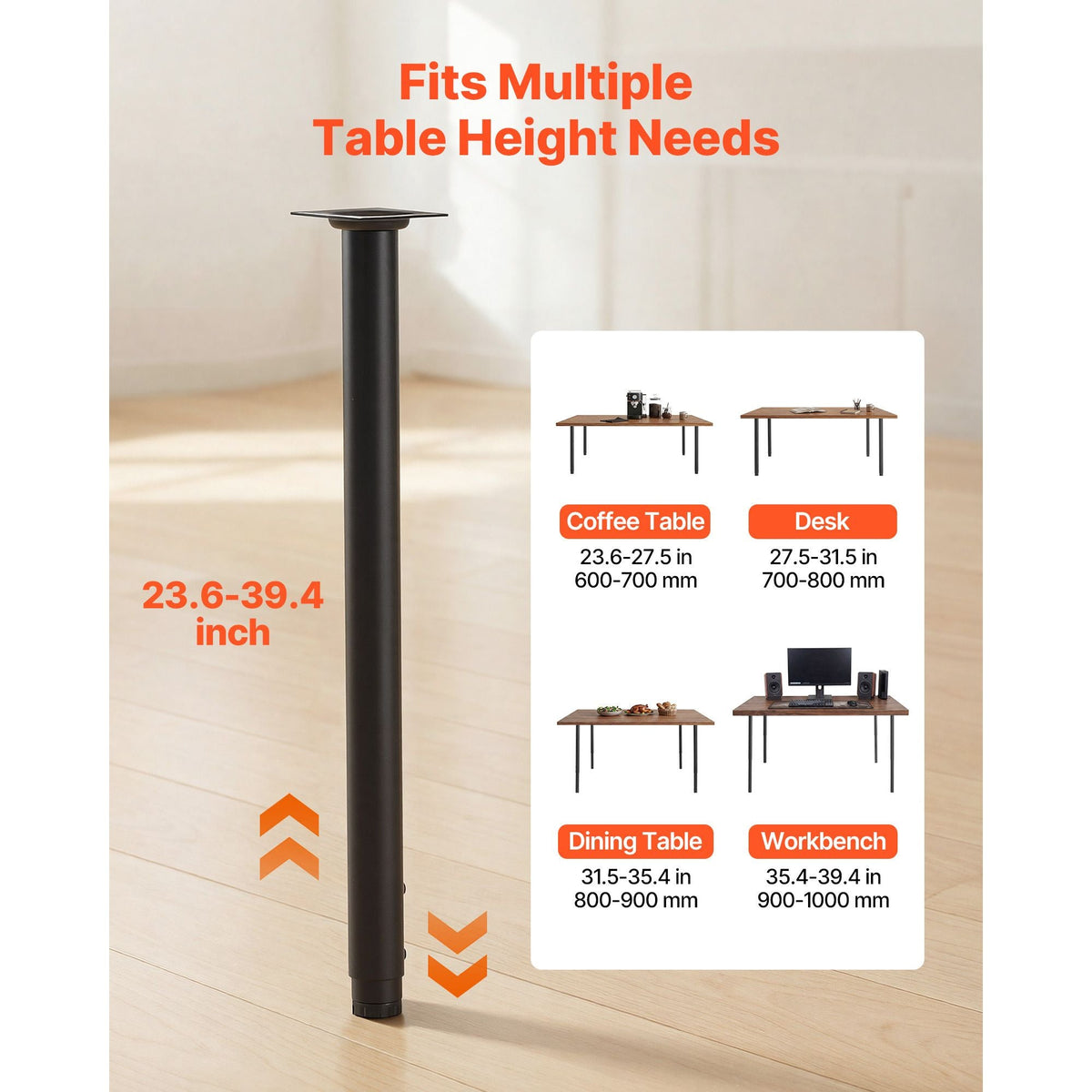 Adjustable Table Legs, 24-40 in Round Steel Furniture Legs, 1200 lbs Max Load Heavy Duty, Quick Installation, Ideal for Home Office Desk DIY, Coffee Dinner Bar Tables, Workbenches, 4 PCS, Black