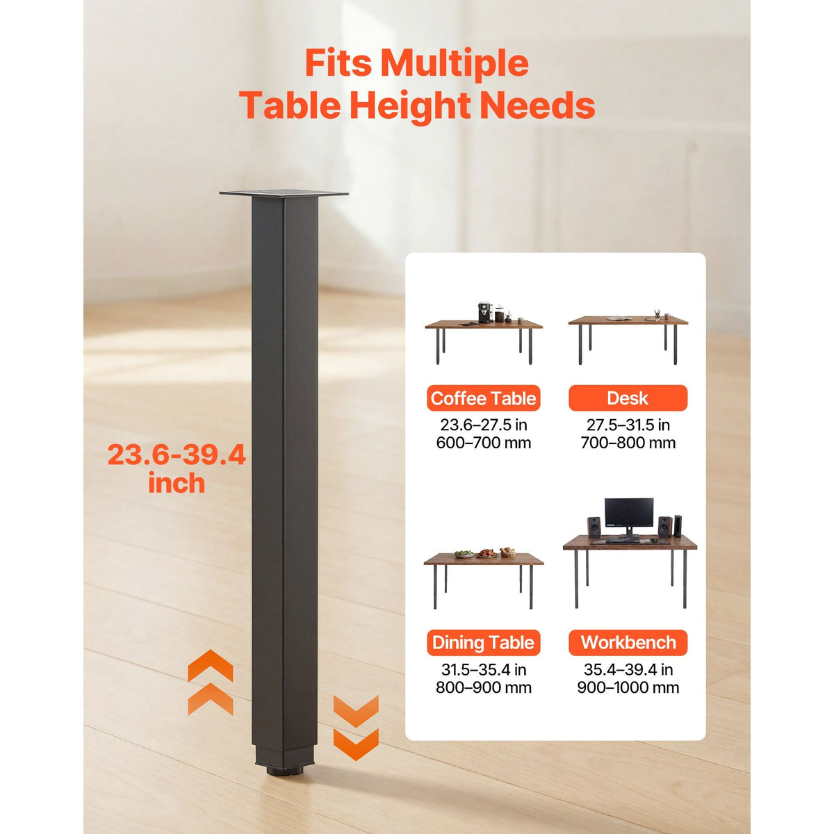 Adjustable Table Legs, 24-40 in Square Steel Furniture Legs, 1200 lbs Max Load Heavy Duty, Quick Installation, Ideal for Home Office Desk DIY, Coffee Dinner Bar Tables, Workbenches, 4 PCS, Black