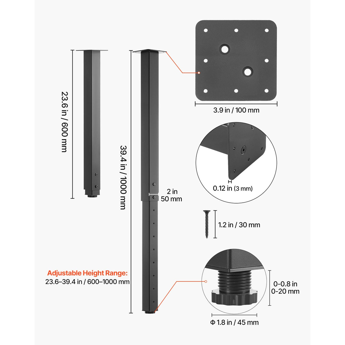 Adjustable Table Legs, 24-40 in Square Steel Furniture Legs, 1200 lbs Max Load Heavy Duty, Quick Installation, Ideal for Home Office Desk DIY, Coffee Dinner Bar Tables, Workbenches, 4 PCS, Black