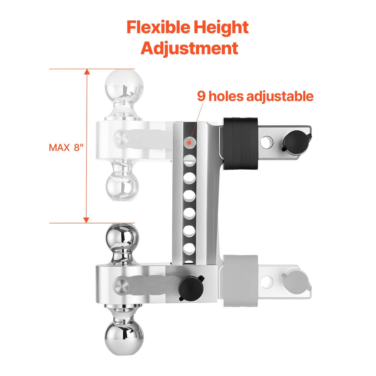 Adjustable Trailer Hitch, 8-Inch Drop Hitch, Tri-Ball Mount for 2-Inch Hitch Receiver, Trailer Ball Size 1-7/8", 2" and 2-5/16", Max 15000 lbs Ball Hitch, Towing Hitch for RVs, ATVs, and Trucks