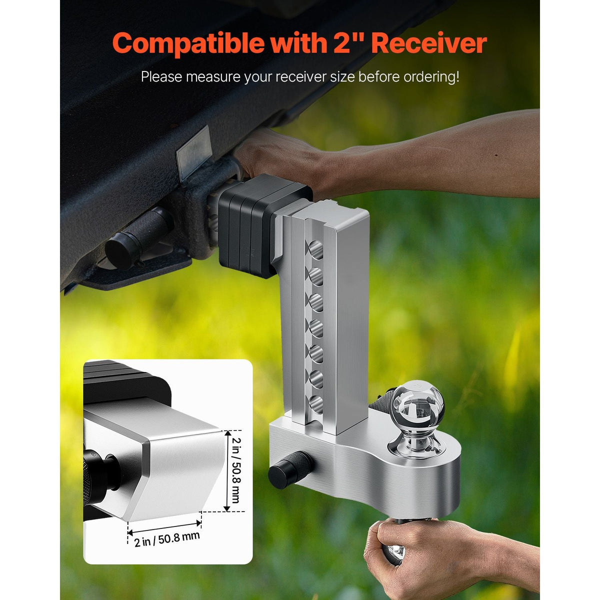 Adjustable Trailer Hitch, 8-Inch Drop Hitch, Tri-Ball Mount for 2-Inch Hitch Receiver, Trailer Ball Size 1-7/8", 2" and 2-5/16", Max 15000 lbs Ball Hitch, Towing Hitch for RVs, ATVs, and Trucks