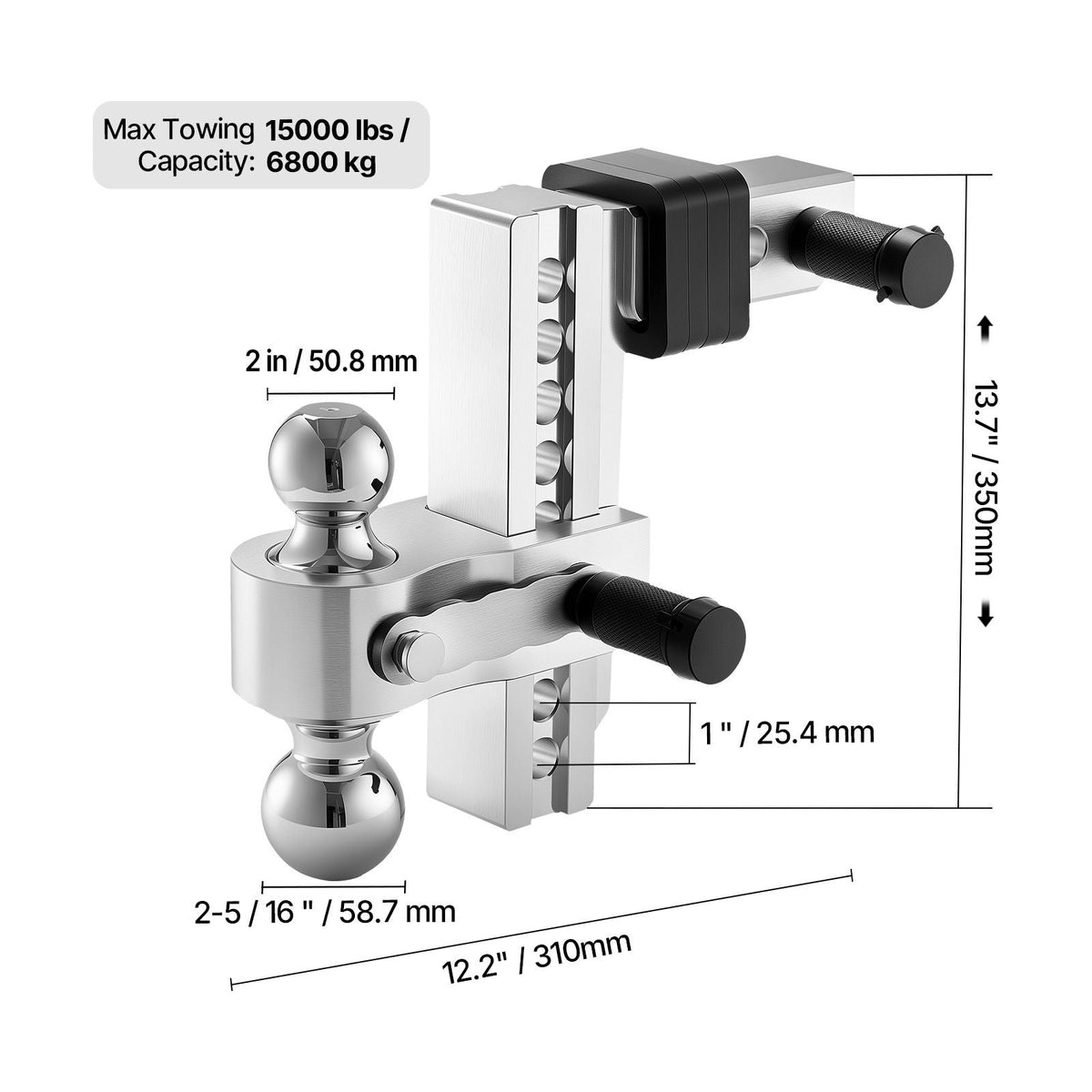 Adjustable Trailer Hitch, 8-Inch Drop Hitch, Tri-Ball Mount for 2-Inch Hitch Receiver, Trailer Ball Size 1-7/8", 2" and 2-5/16", Max 15000 lbs Ball Hitch, Towing Hitch for RVs, ATVs, and Trucks
