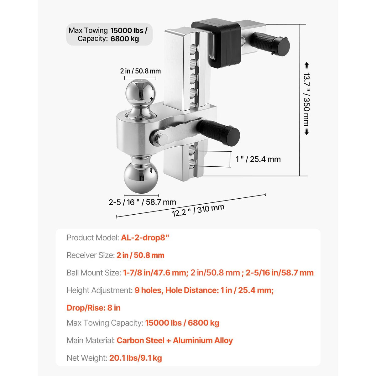 Adjustable Trailer Hitch, 8-Inch Drop Hitch, Tri-Ball Mount for 2-Inch Hitch Receiver, Trailer Ball Size 1-7/8", 2" and 2-5/16", Max 15000 lbs Ball Hitch, Towing Hitch for RVs, ATVs, and Trucks