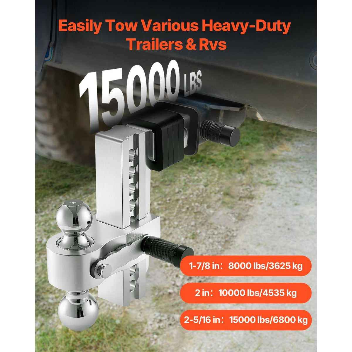 Adjustable Trailer Hitch, 8-Inch Drop Hitch, Tri-Ball Mount for 2-Inch Hitch Receiver, Trailer Ball Size 1-7/8", 2" and 2-5/16", Max 15000 lbs Ball Hitch, Towing Hitch for RVs, ATVs, and Trucks