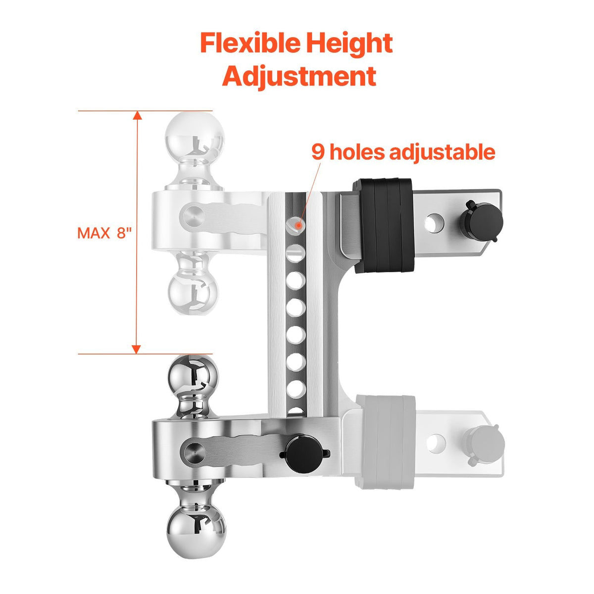 Adjustable Trailer Hitch, 8-Inch Drop Hitch, Tri-Ball Mount for 2.5-Inch Hitch Receiver, Trailer Ball Size 1-7/8", 2" & 2-5/16", Max 18500 lbs Ball Hitch, Towing Hitch for RVs, ATVs, and Trucks