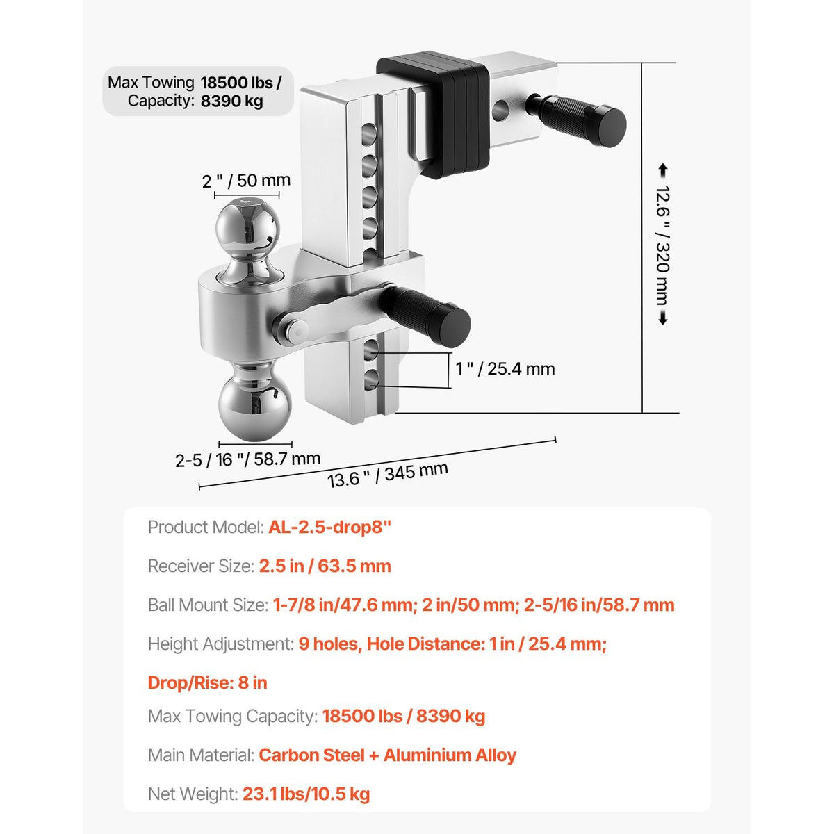 Adjustable Trailer Hitch, 8-Inch Drop Hitch, Tri-Ball Mount for 2.5-Inch Hitch Receiver, Trailer Ball Size 1-7/8", 2" & 2-5/16", Max 18500 lbs Ball Hitch, Towing Hitch for RVs, ATVs, and Trucks