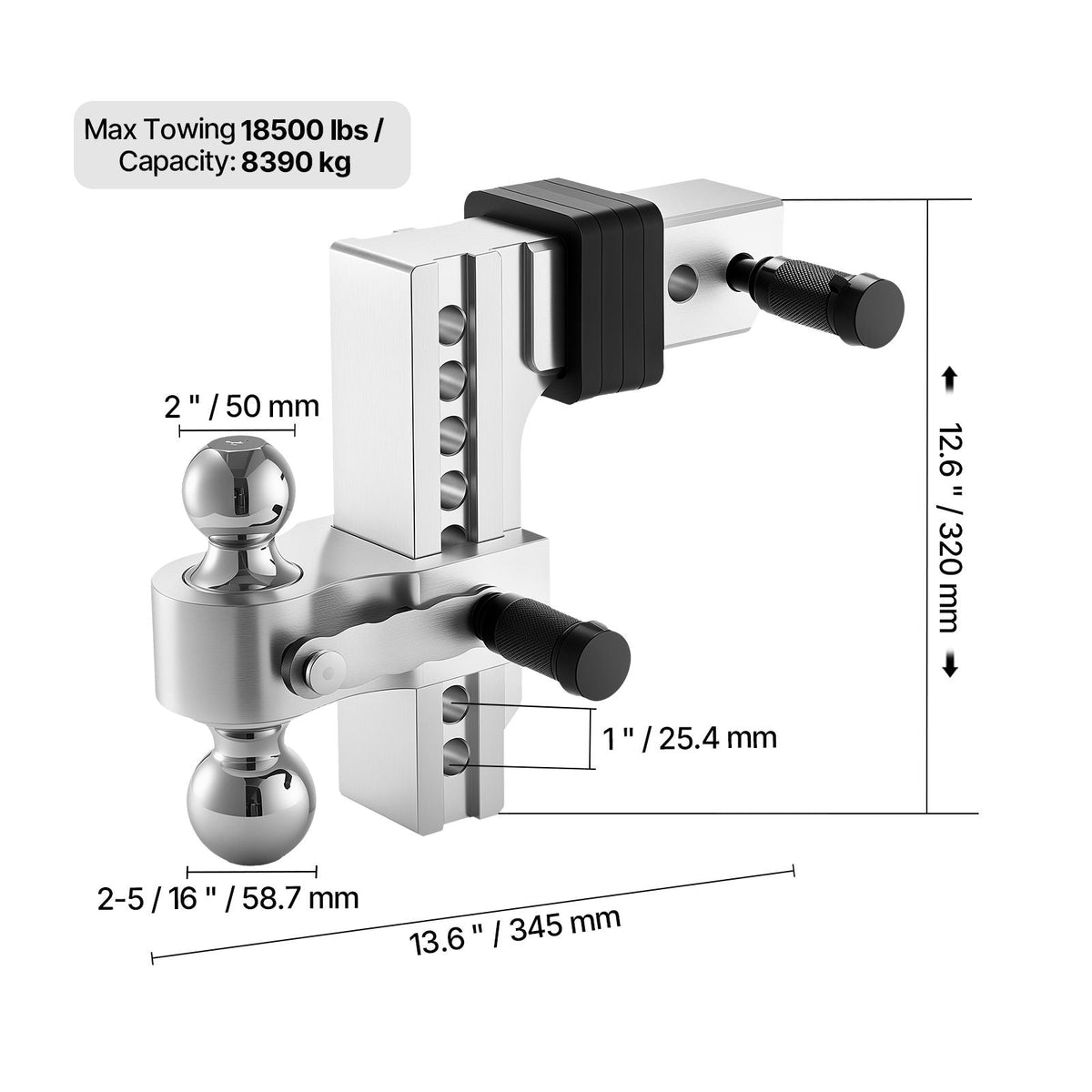 Adjustable Trailer Hitch, 8-Inch Drop Hitch, Tri-Ball Mount for 2.5-Inch Hitch Receiver, Trailer Ball Size 1-7/8", 2" & 2-5/16", Max 18500 lbs Ball Hitch, Towing Hitch for RVs, ATVs, and Trucks