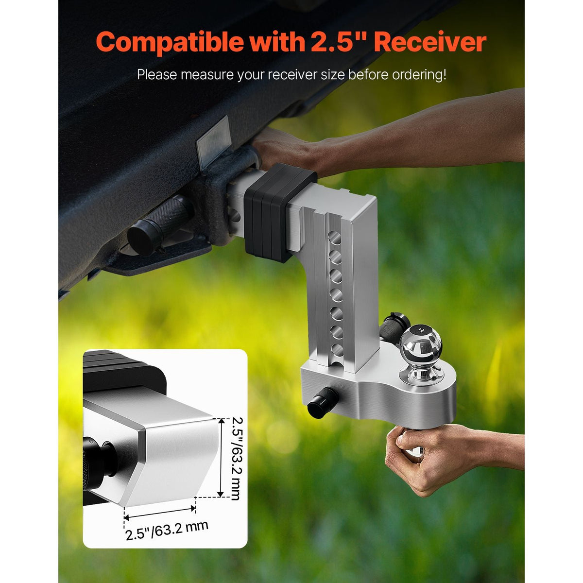 Adjustable Trailer Hitch, 8-Inch Drop Hitch, Tri-Ball Mount for 2.5-Inch Hitch Receiver, Trailer Ball Size 1-7/8", 2" & 2-5/16", Max 18500 lbs Ball Hitch, Towing Hitch for RVs, ATVs, and Trucks