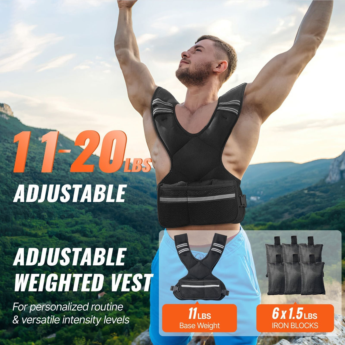 Adjustable Weighted Vest, 11-20lb Weight Vest with 6 Ironsand Weights and Reflective Stripe, Body Weight Vest Exercise Set for Men Women, Workout Equipment for Strength Training Running Jogging