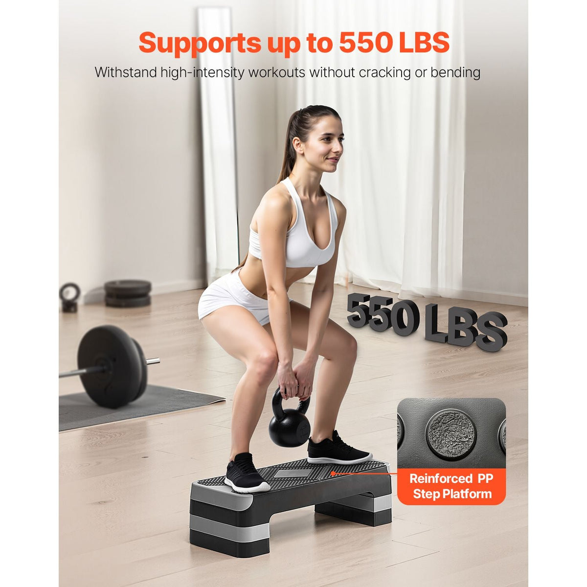 Aerobic Exercise Step Platform, 28-Inch Workout Aerobic Stepper, Height Adjustable Fitness Training Step Deck Trainer with 4 Risers, Non-Slip Surface Bench for Home Gym Cardio Strength, Gray