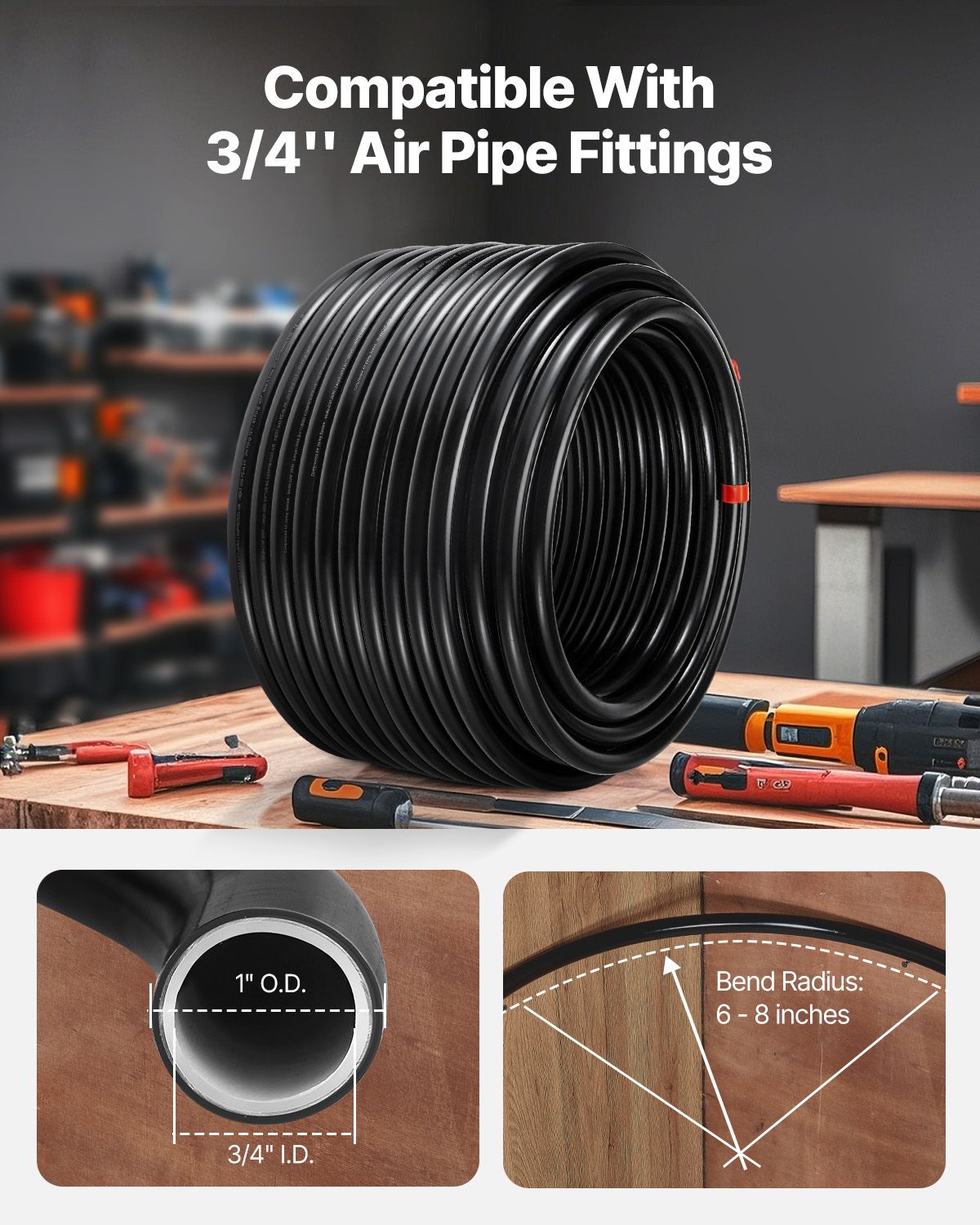Air Compressor Line Kit, 200FT x 3/4", HDPE-Aluminum Compressed Air Piping System, Leak-Proof & Easy-to-Install, Compressed Air Line Tubing Kit for Garages Workshops, Black