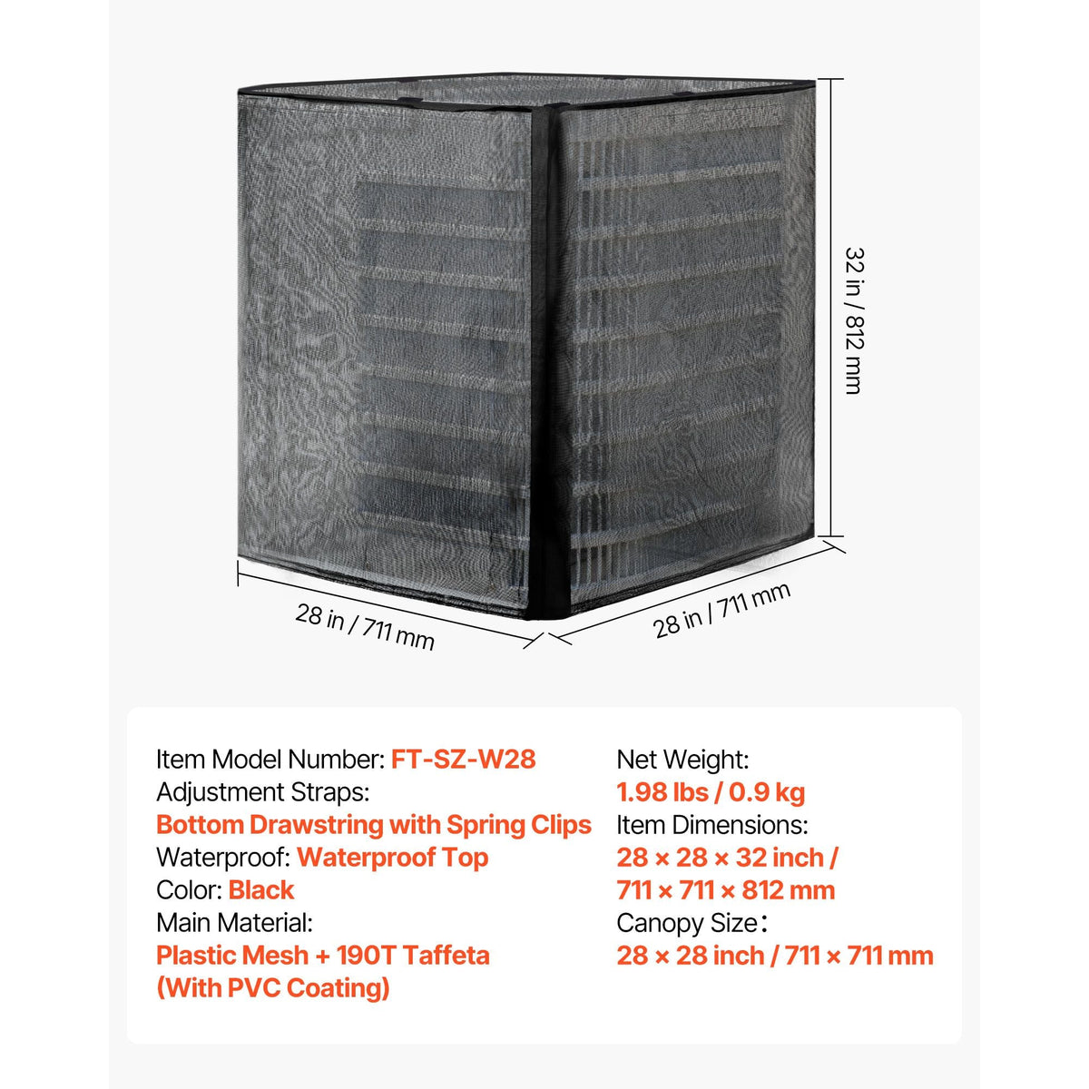 Air Conditioner Cover, 28 x 28 x 32 inch Ac Cover for Air Conditioning Unit, Dual-Layer, Detachable Canopy,Waterproof Polyester, Universal HVAC Protector for Outdoor Outside Ac Unit, Black