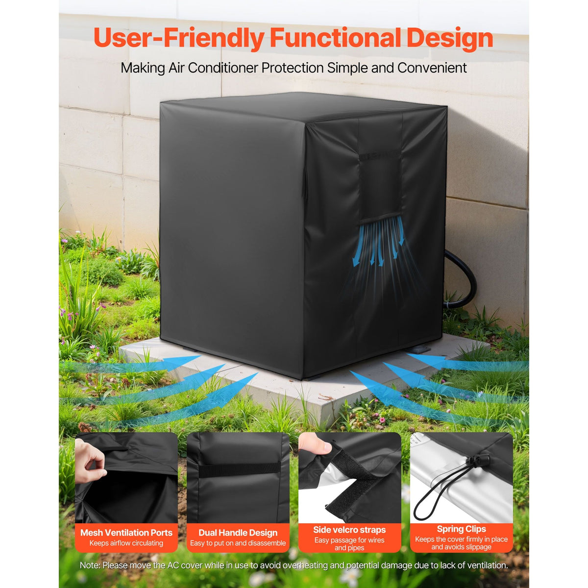 Air Conditioner Cover, 38 x 38 x 40 inch Ac Cover for Air Conditioning Unit, Three-Layer, Waterproof Polyester Fabric, Mesh Ventilation, Universal Defender for Outdoor Outside Ac Unit, Black