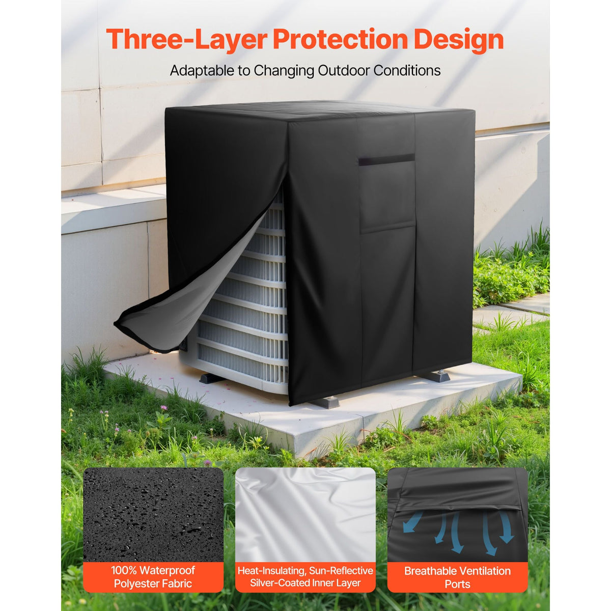 Air Conditioner Cover, 38 x 38 x 40 inch Ac Cover for Air Conditioning Unit, Three-Layer, Waterproof Polyester Fabric, Mesh Ventilation, Universal Defender for Outdoor Outside Ac Unit, Black