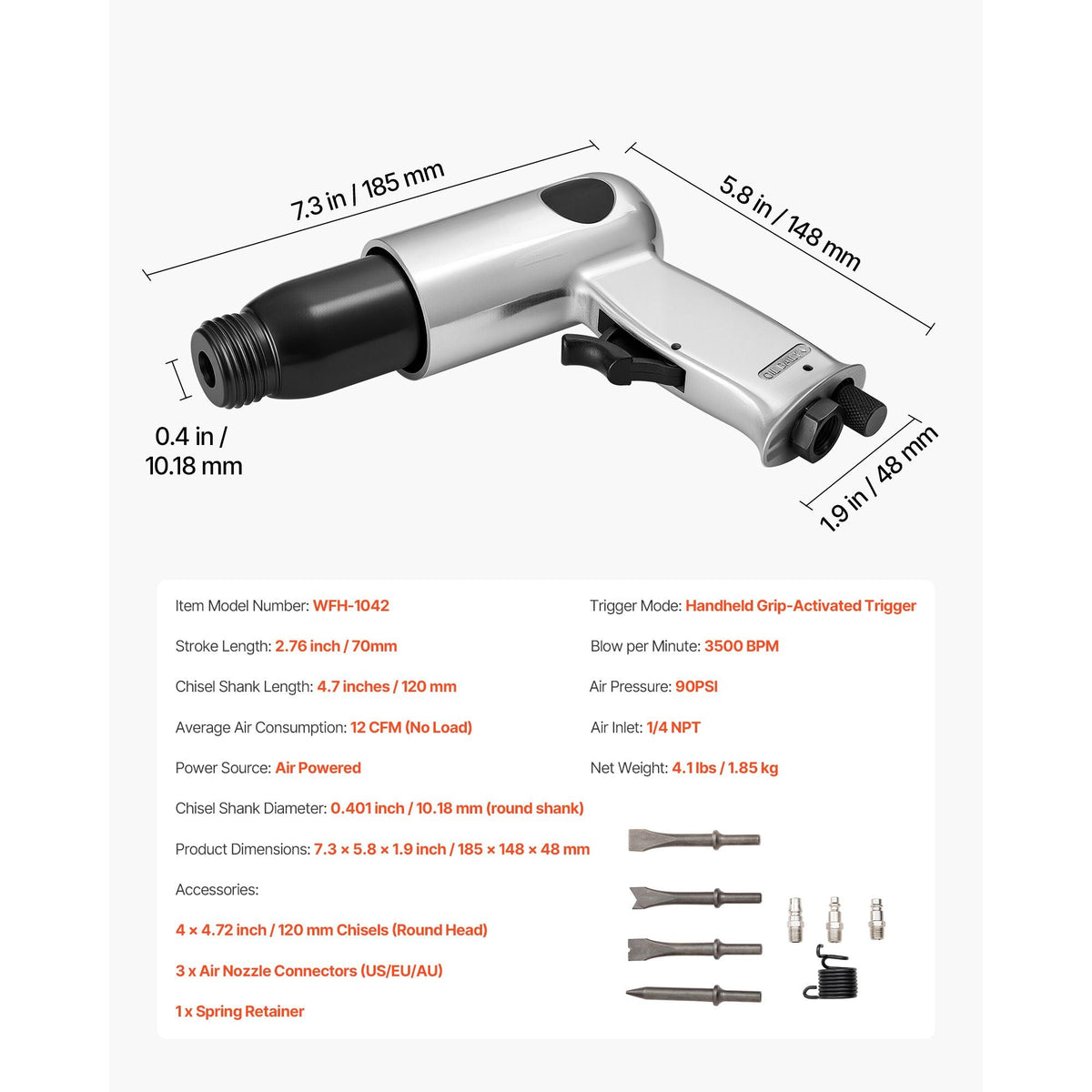 Air Hammer, 3500BPM Pneumatic Hammer with 2.76 inch Stroke & 4PCS Chisels Round Shank, Pistol-Grip Compact Air Chisel Pneumatic Shovel Tool for Cutting Punching Scraping