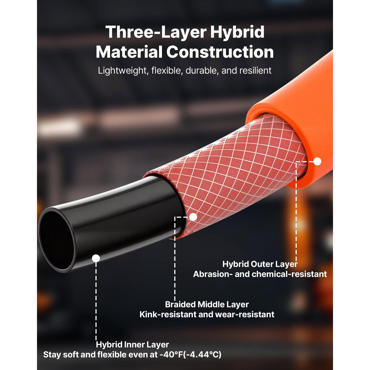 Air Hose, 1/2" x 100ft Hybrid Air Hose, Lightweight, Kink Resistant, Pneumatic Hoses with 1/2 inch Solid Brass Male Fitting, Three-Layer Hybrid Material, 300 PSI, All-Weather Flexibility, Orange