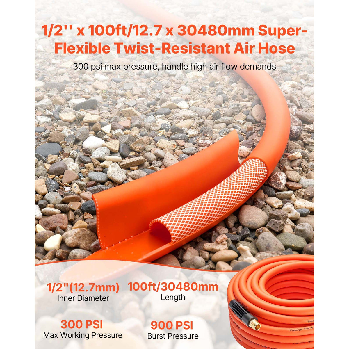 Air Hose, 1/2" x 100ft Hybrid Air Hose, Lightweight, Kink Resistant, Pneumatic Hoses with 1/2 inch Solid Brass Male Fitting, Three-Layer Hybrid Material, 300 PSI, All-Weather Flexibility, Orange