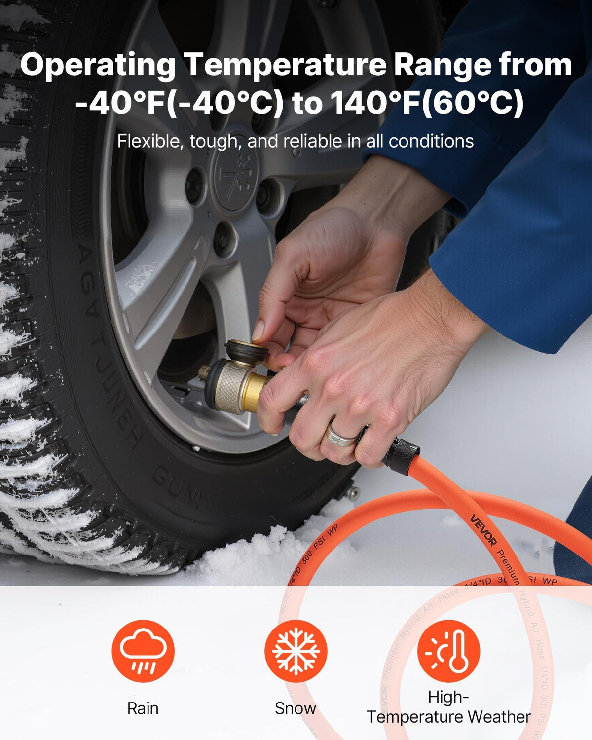 Air Hose, 1/2" x 100ft Hybrid Air Hose, Lightweight, Kink Resistant, Pneumatic Hoses with 1/2 inch Solid Brass Male Fitting, Three-Layer Hybrid Material, 300 PSI, All-Weather Flexibility, Orange