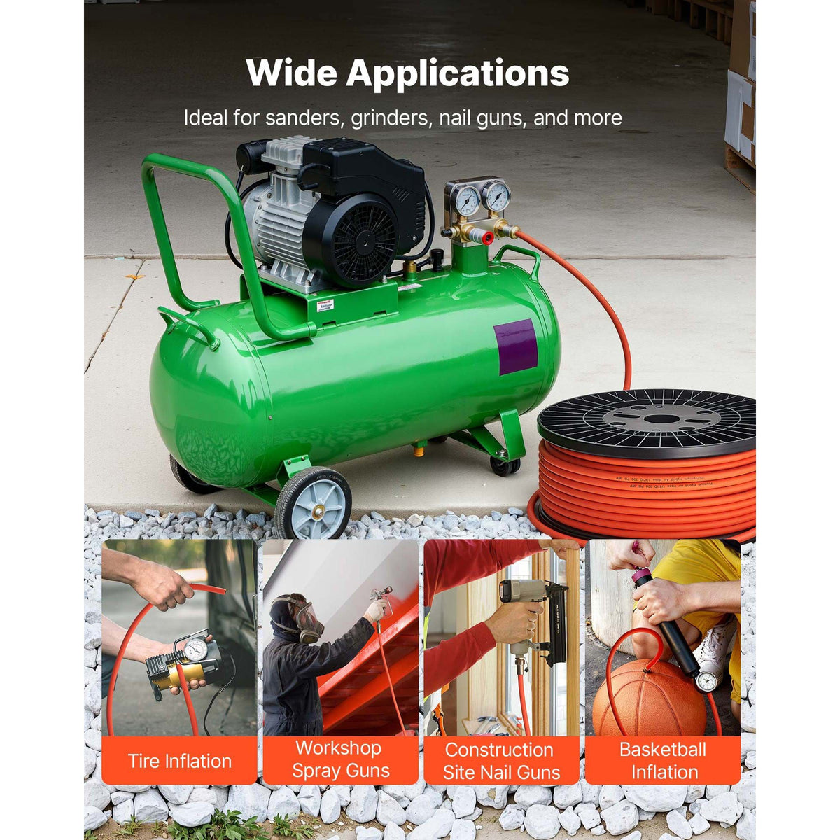 Air Hose, 3/8'' x 250ft Hybrid Air Hose, Lightweight, Kink Resistant, Pneumatic Hoses with Three-Layer Hybrid Material for Auto, Home & Building, 300 PSI, All-Weather Flexibility, Orange